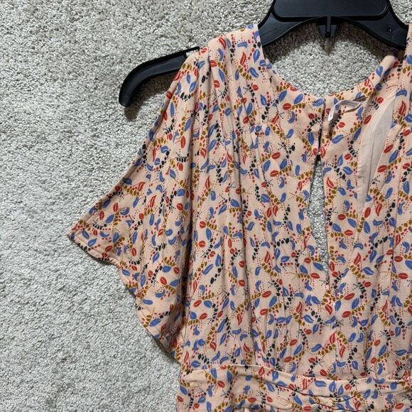 Free People Romper Women's 6 Peach Printed Short One Piece Split Sleeve Playsuit - Picture 4 of 14